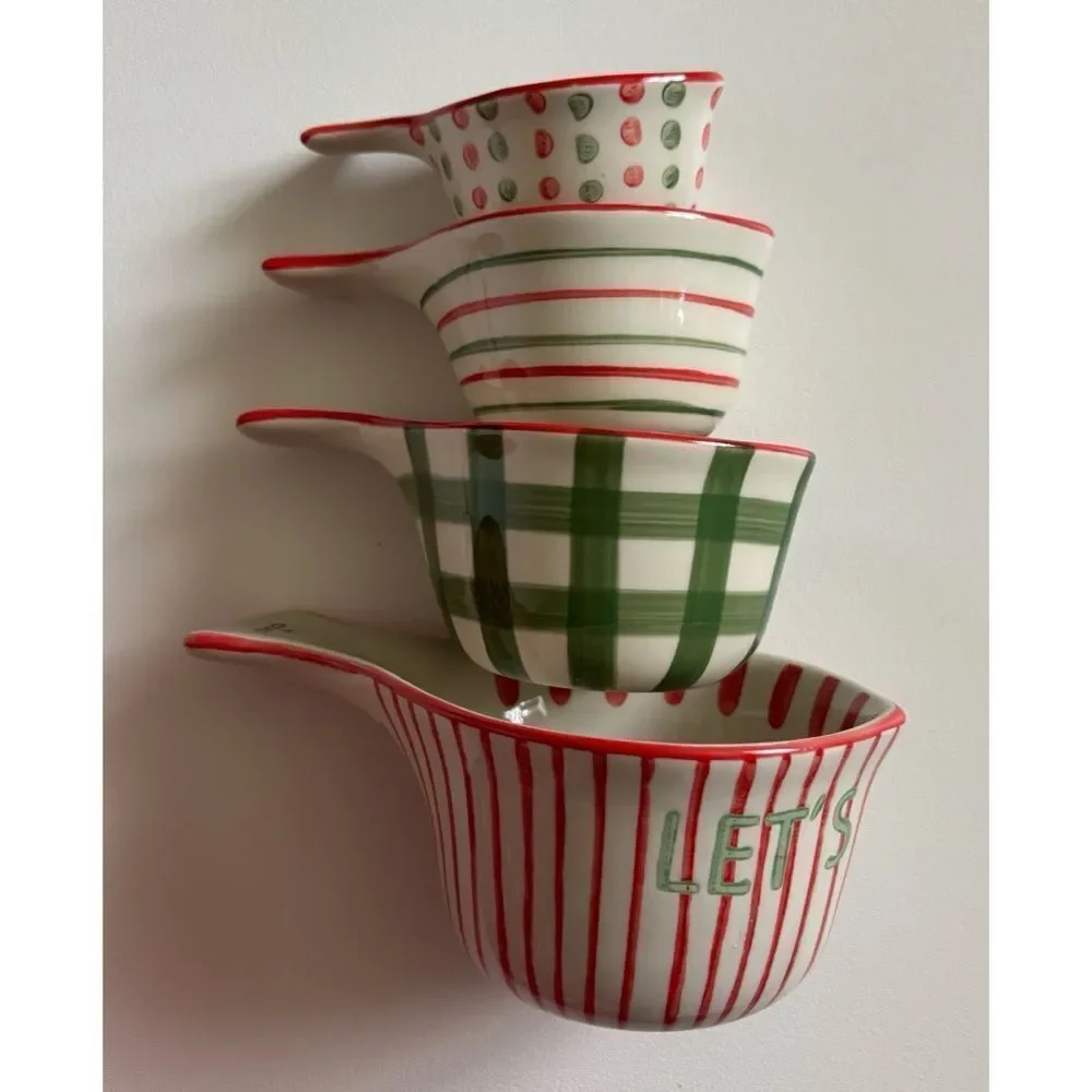 Rare Anthropologie Lets Get Jolly Cup Hand-Painted Stoneware Measuring Cups New